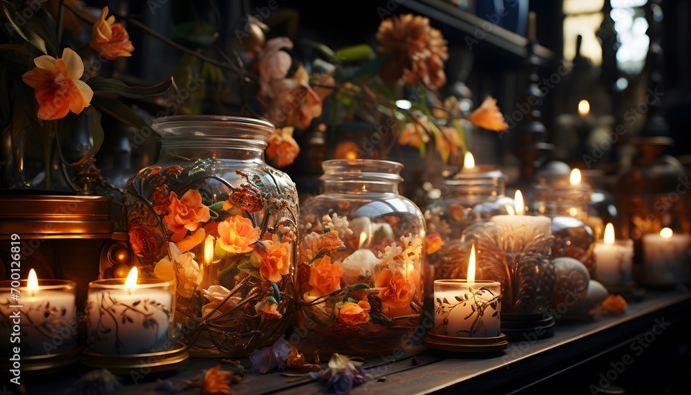Candles in a glass jar with flowers and candles on the table