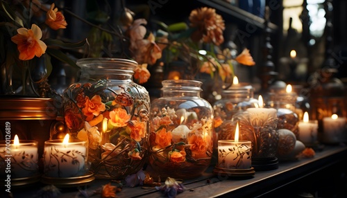 Candles in a glass jar with flowers and candles on the table