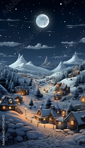 Winter night in the mountains. Snowy village at night. 3d rendering