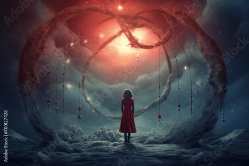 Child Looking at Cosmic Swirls and Floating Lanterns in a Mystical Sky