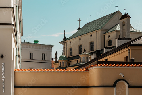 view of the buildings allign in Warsaw Poland sunny day blue sky photo