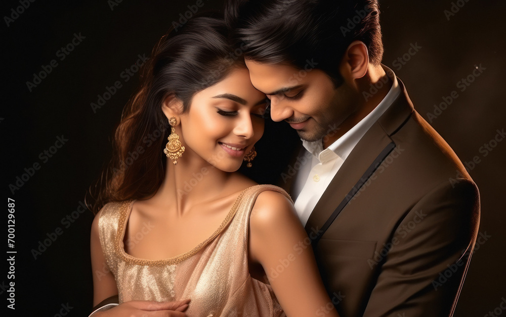 young beautiful indian smiling couple embracing in love