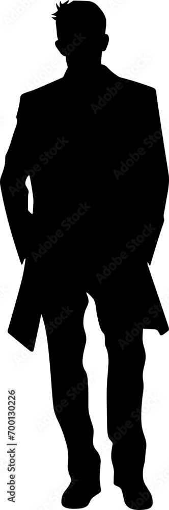 Vector silhouette of a man in a business suit standing, black color isolated on white background. AI generated illustration. Vector silhouette of a man in a business suit standing, black color isolated on white background. AI generated illustration.