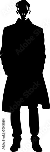 Vector silhouette of a man in a business suit standing, black color isolated on white background. AI generated illustration.