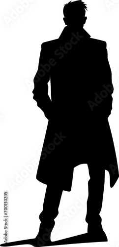 Vector silhouette of a man in a business suit standing, black color isolated on white background. AI generated illustration.
