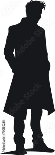 Vector silhouette of a man in a business suit standing, black color isolated on white background. AI generated illustration.