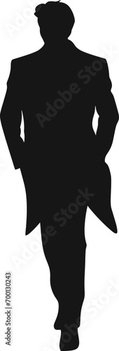 Vector silhouette of a man in a business suit standing, black color isolated on white background. AI generated illustration.