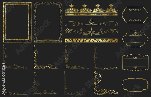 Golden vintage set includes decorative paper frames, text boxes and scrolling floral borders using rose gold line design with vintage corner tapestry borders.