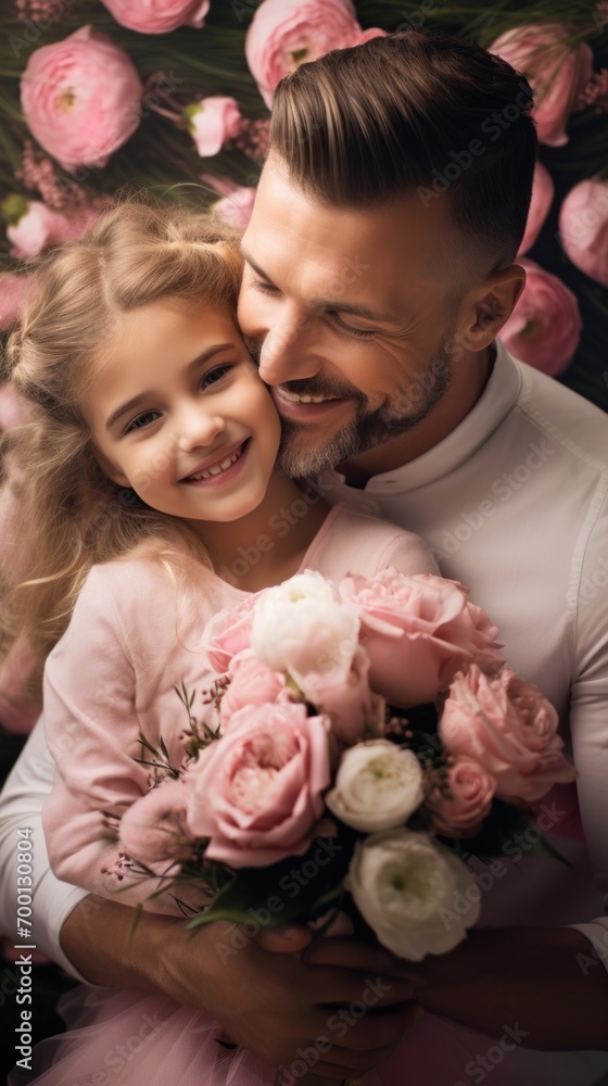 A man holding a little girl in front of a bunch of flowers