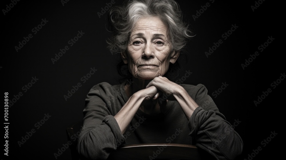 A woman sitting in a chair with her hands on her chin - obrazy, fototapety, plakaty 