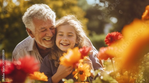 An older man and a young girl in a field of flowers