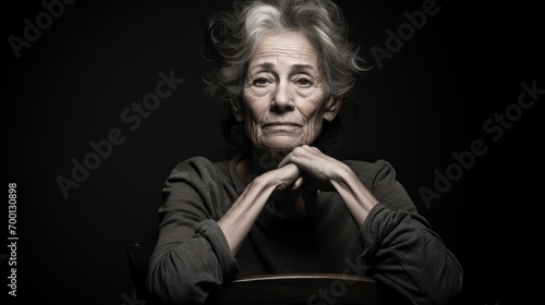A woman sitting in a chair with her hands on her chin photo