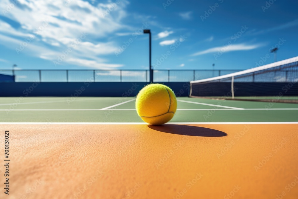 : Close-up of a tennis ball on a clay court with a net in the background on a sunny day