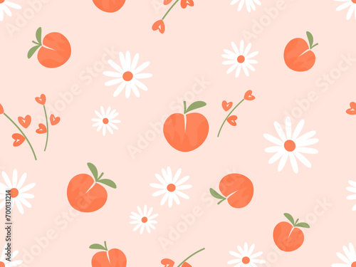 Seamless pattern with orange peach fruit, daisy flower and heart shape flower branch on pink background vector. Cute fruit print.