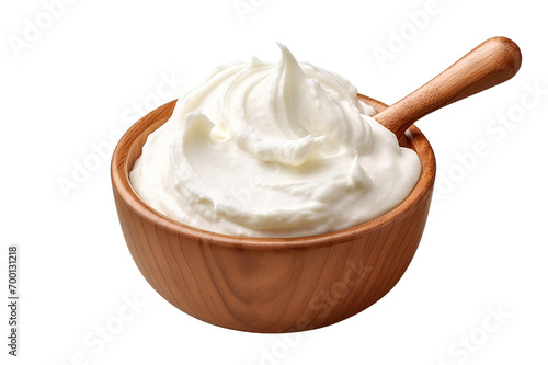 Wooden bowl with fresh sour cream isolated on a Transparent background. Generative AI