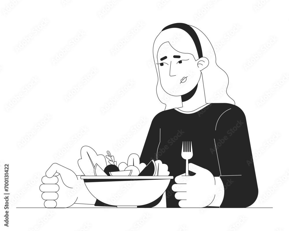 Caucasian woman decreased appetite black and white 2D line cartoon character. Sad blonde female eating disorder isolated vector outline person. Weightloss meal monochromatic flat spot illustration Caucasian woman decreased appetite black and white 2D line cartoon character. Sad blonde female eating disorder isolated vector outline person. Weightloss meal monochromatic flat spot illustration