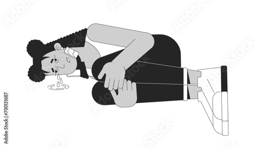 Heartbroken latina woman lying curled up black and white 2D line cartoon character. Suffering period cramps girl isolated vector outline person. Emotional stress monochromatic flat spot illustration