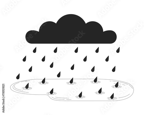 Rainy cloud falling raindrops black and white 2D line cartoon object. Storm bad weather downpour isolated vector outline item. Gloomy fall season. Autumn rainfall monochromatic flat spot illustration