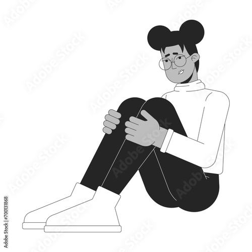 Tired african american woman hugging knees black and white 2D line cartoon character. Winter blues. Fatigue black girl isolated vector outline person. Burnout monochromatic flat spot illustration