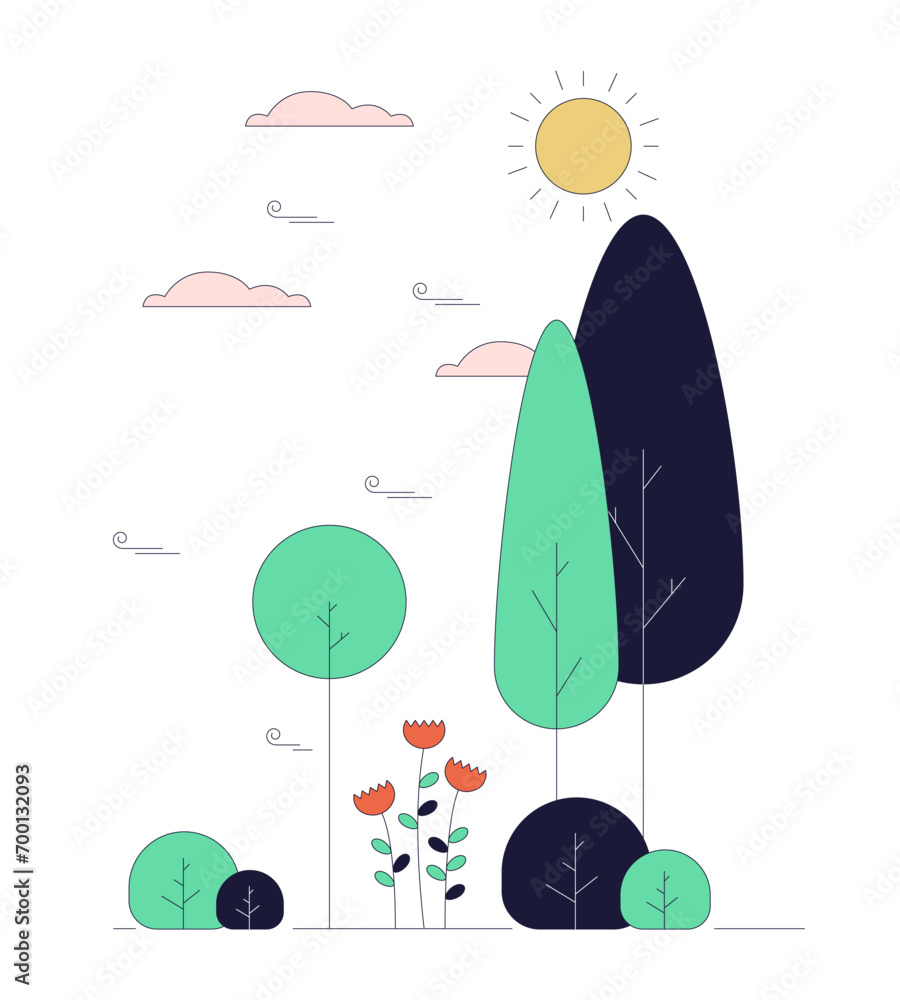 Sunshine park landscape line cartoon flat illustration. Sunny day ...