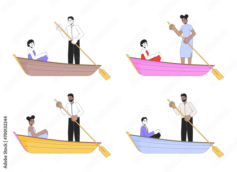 Diverse couples on gondola ride 2D linear cartoon characters set. Heterosexual, homosexual sweethearts isolated line vector people white background. Dating color flat spot illustrations collection