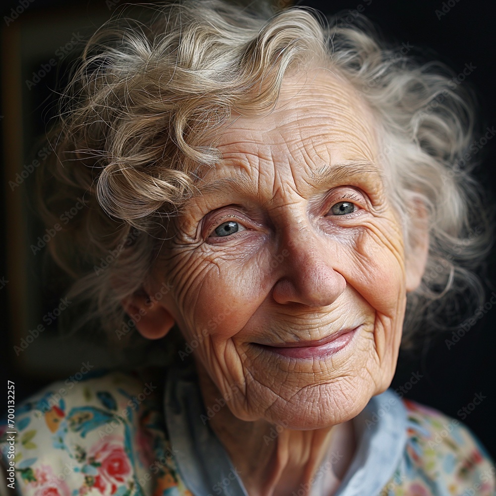 a portrait of 100 years old woman, old granny smiling warmly, friendly, kind, real, black background, fair hair