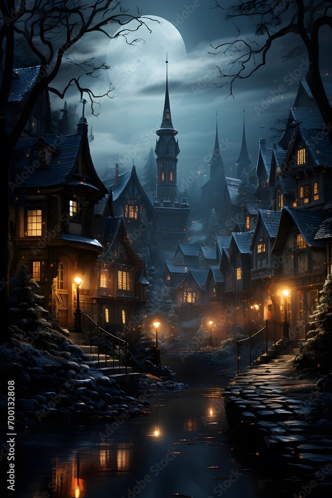 Halloween night scene with haunted castle and moonlight. 3d rendering