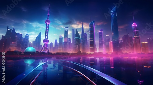 Shanghai skyline at night  China. Panoramic view.