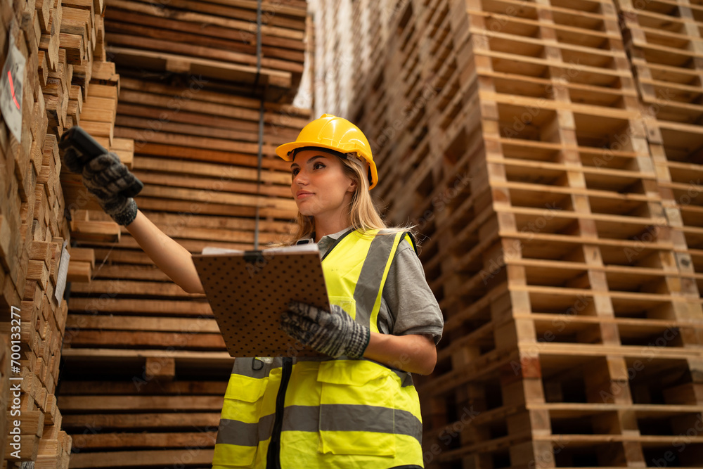 Caucasian businesswoman checking timber stock with bar code scanner at wood stock warehouse Caucasian businesswoman checking timber stock with bar code scanner at wood stock warehouse