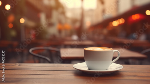 Cup of coffee on blur background outside. Cup of coffee on table in cafe.