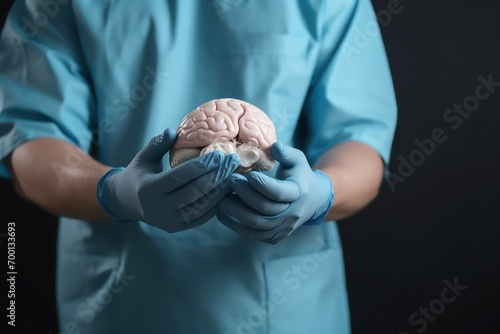 A neurosurgeon holding a brain with copy space photo