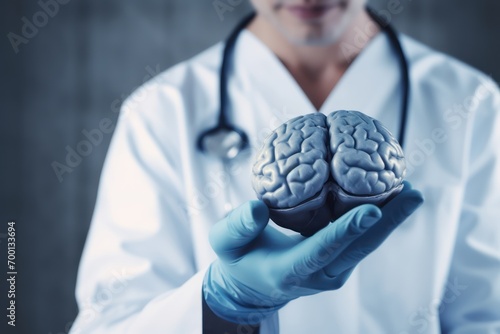 A neurosurgeon holding a brain with copy space photo