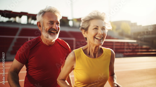 Senior Health and Fitness. Elderly smiling couple, full of vitality and joy, joging on tracks of stadium. Embracing healthy habits in retirement. Joy of sport in golden years.