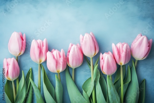 Border of beautiful pink tulips on blue shabby wallpaper background
