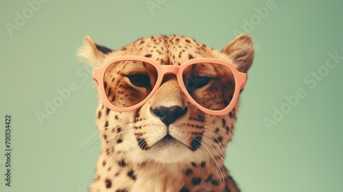 close up portrait of a cheetah tiger wearing glasse 