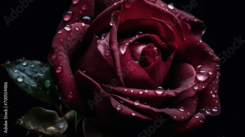 Macro view of dark red rose with water droplets