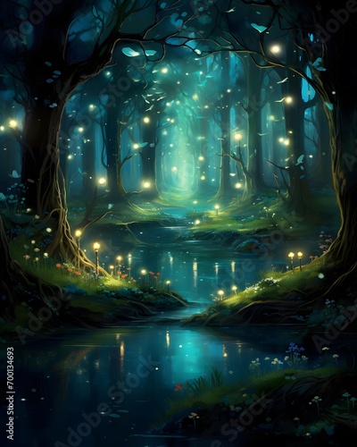 Illustration of a fantasy forest with a river, trees and lights