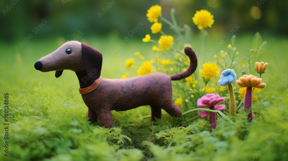 Cachorro salsicha feito de feltro no floresta - Ilustração fofa