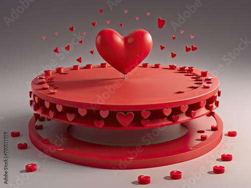 A circular red platform with numerous little red hearts dropping on Idea behind Valentine's Day festivities a gray background.