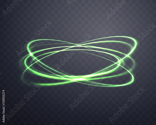 Glowing green magic rings. Neon realistic energy swirl. Abstract light effect on a dark transparent background. Vector illustration.