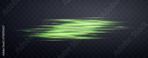 Speed rays, velocity light neon flow, zoom in motion effect, green glow speed lines, colorful light trails, stripes. Abstract background, vector illustration