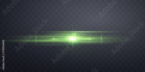Green lens flare. Isolated on transparent background. Sun flash with rays or spotlight. Green glow flare light effect. Vector illustration.
