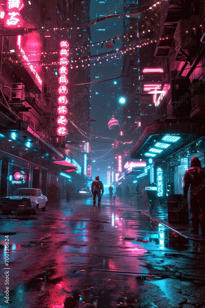 A cyberpunk city glowing with neon Christmas lights, generated with AI