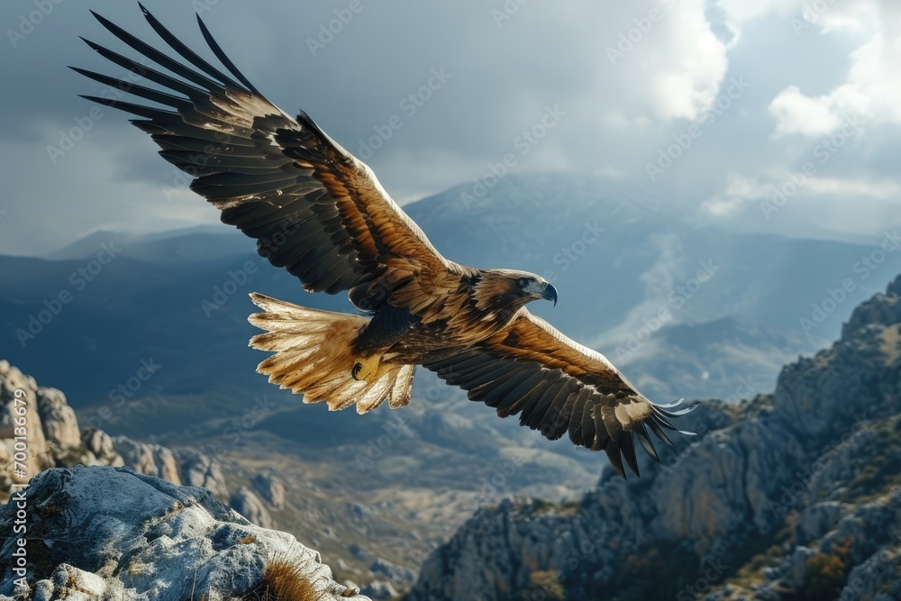 A majestic eagle soaring above rugged mountains, generated with AI A majestic eagle soaring above rugged mountains, generated with AI