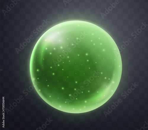 Green magic fantasy sphere. Crystal ball with glowing sparkles and particles. Energy orb with glow flare light effect. Isolated on transparent background. Vector illustration.