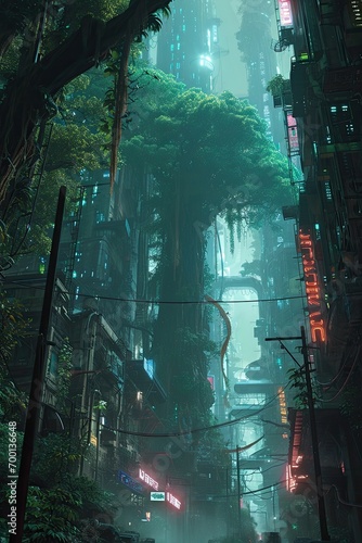 A dystopian cityscape merged with nature, giant trees growing through skyscrapers, generated with AI photo