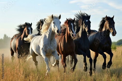 A group of horses galloping through a field, powerful , generated with AI