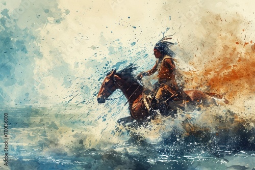 Fotótapéta Apache Indian warrior sitting on a horse, valiant steed, and a water backdrop, w