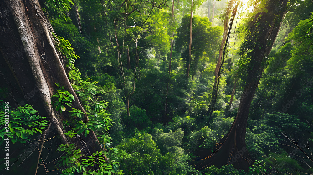 Earth Day eco concept with tropical forest background, natural forestation preservation scene with canopy tree in the wild, concept on sustainability and environmental renewable - obrazy, fototapety, plakaty 