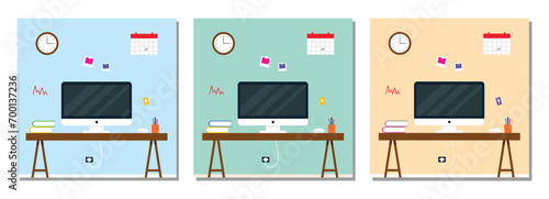 Modern office workplace interior. Desk with laptop, stationery, books, calendar, clock. Business workplace Vector illustration in flat style. Job workplace. 
